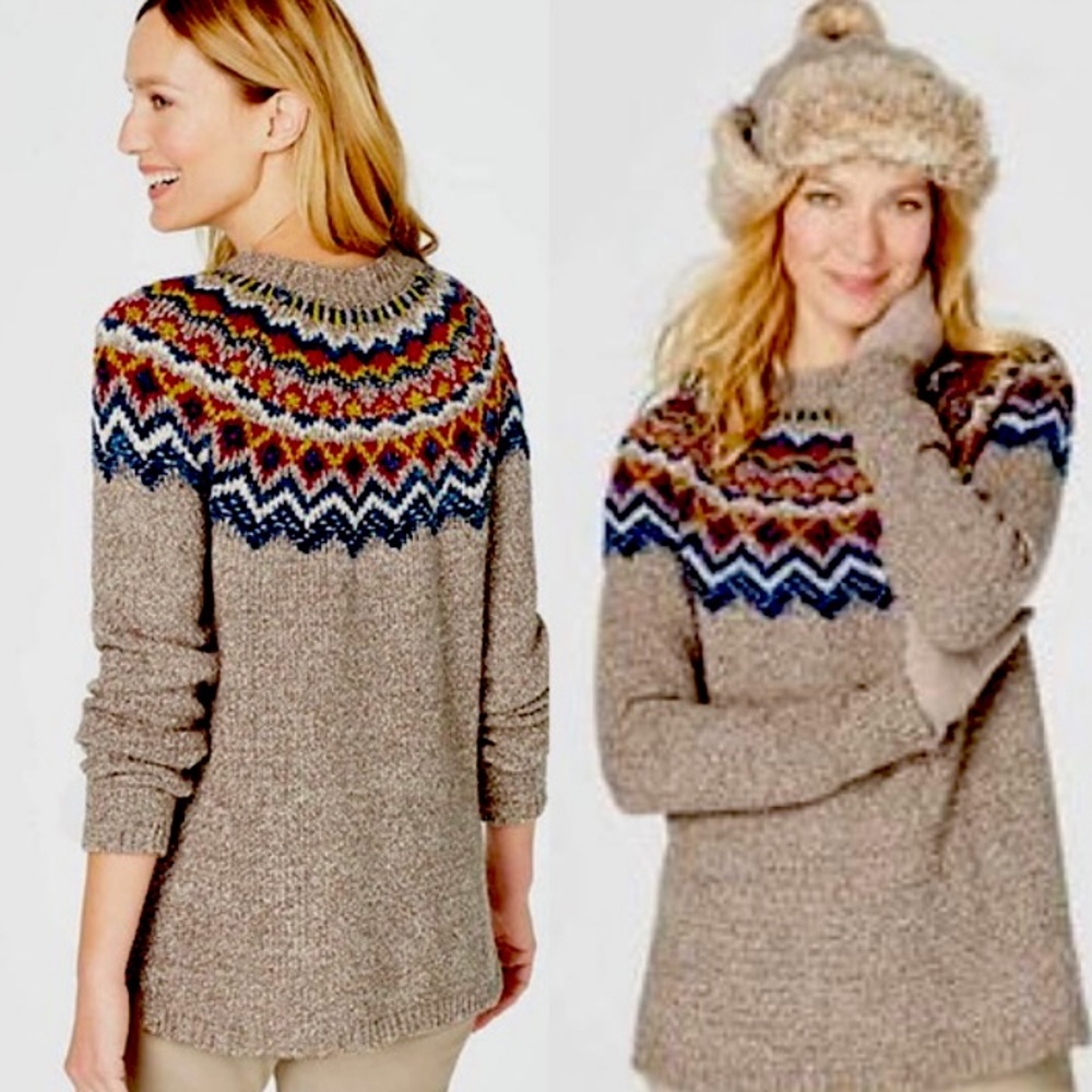 J. Jill Sweater Pullover Southwestern Navajo Fair Isle Nordic Cotton crew neck